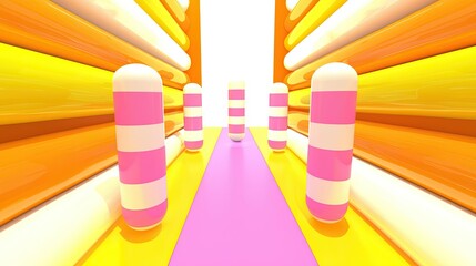 Abstract colorful corridor with pink and white striped pillars and a pink path.