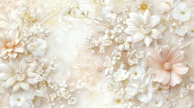 Elegant 3D floral arrangement with peach and white flowers on a textured background.