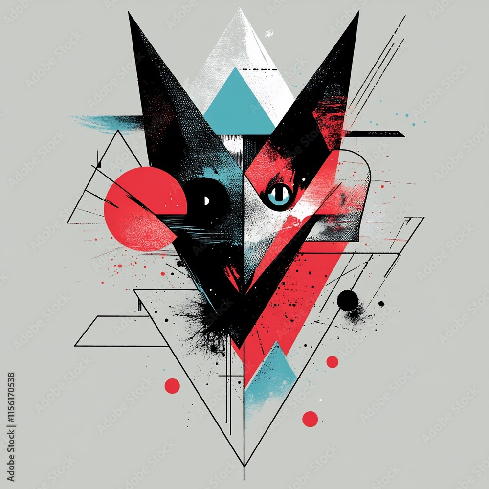 Poster Abstract geometric cat portrait with vibrant color splashes and triangles.