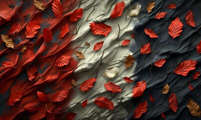 Colorful autumn leaves scattered over a textured backdrop with red, white, and blue hues, creating a vibrant seasonal feel.