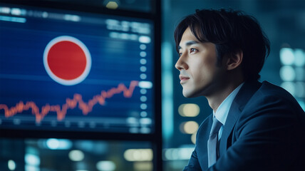 日本国旗と株価チャートを背景にした真剣なビジネスマン