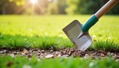 Close-up of garden tool edging lawn, serene daytime garden setting