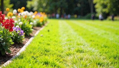 Vibrant lawn and colorful flowers in public park, nature's beauty