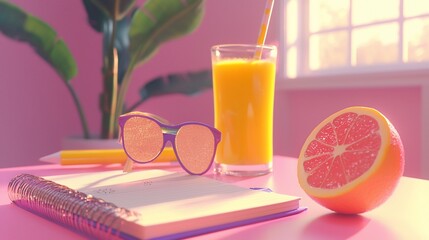 Sunny morning still life with orange juice, grapefruit, sunglasses, and notepad.