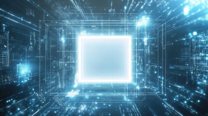 Digital tunnel with glowing square at the end.