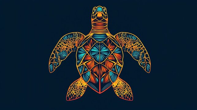 Ornate, colorful sea turtle illustration with geometric pattern.