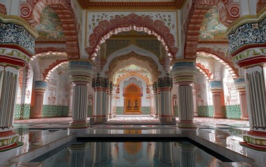 Obraz premium Ornate interior of a palace with colorful arches, pillars, and reflecting pool.