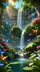 A majestic waterfall in a lush green forest, sparkling in the sunlight, surrounded by vibrant flowers and butterflies, cartoon 