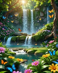 A majestic waterfall in a lush green forest, sparkling in the sunlight, surrounded by vibrant flowers and butterflies, cartoon 