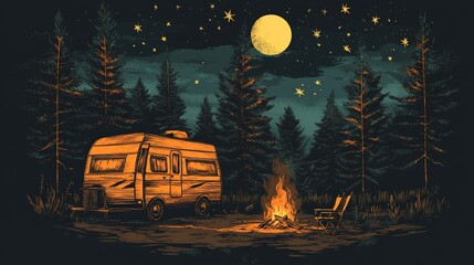 Night camping scene with camper van, campfire, and starry sky.
