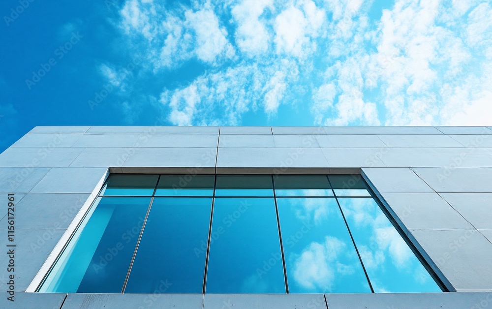 Poster low angle view of modern building exterior with large window reflecting blue sky and clouds.