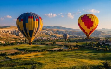 Fototapeta premium Colorful hot air balloons soar over a picturesque valley at sunrise.