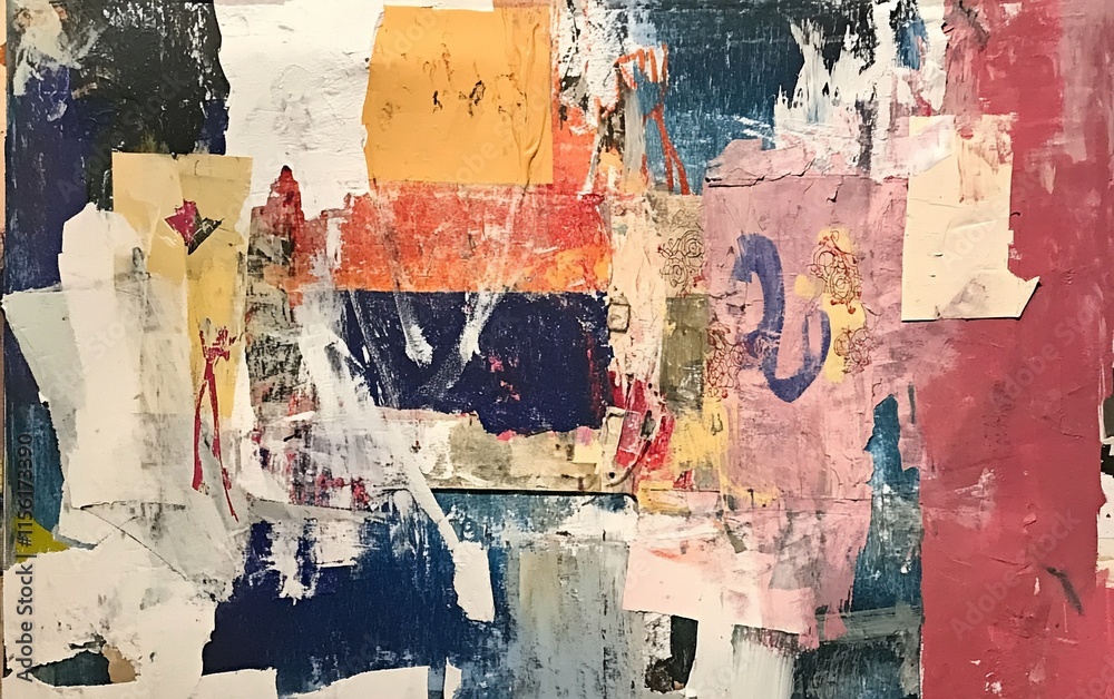 Poster abstract collage artwork with layered papers, paint, and textures in various colors and shapes.