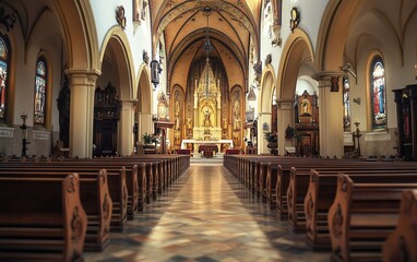Obraz premium Grand church interior, wooden pews, altar, stained-glass windows, sunlight.