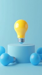 Minimalist 3d clay render of a yellow light bulb surrounded by blue bulbs on a podium