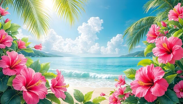 Beach with Hibiscus Flowers