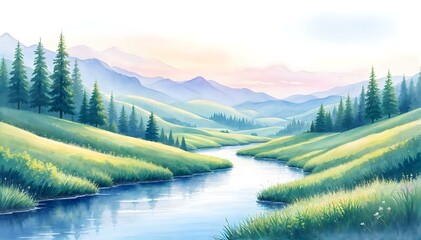  Serene Mountain Landscape with River and Pine Trees