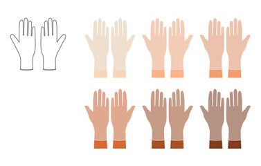 Set of rubber Gloves on different nationalities hands accessory clothing technical illustration garment. Vector front palm back view for Men, women, unisex flat template mockup cartoon style