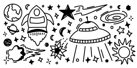 line doodle space background. Hand drawn planets, sun, moon, stars, spaceship collection. set of Space elements in the doodle style.