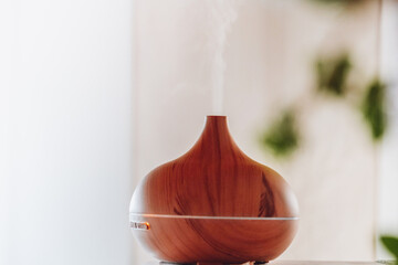Air humidification. wooden Air humidifier in a bright room.Humidification of indoor air. Water vapor .Health gadgets in home interior. Health and comfort concept. 
