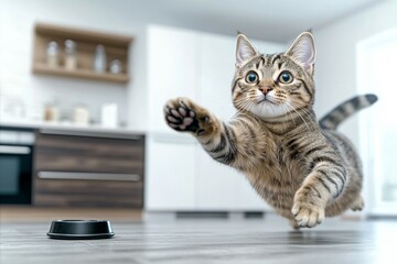 A cat is playing with a food bowl on the floor