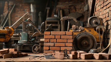 An artistic view of old-fashioned bricklaying tools beside modern equipment, contrasting techniques, 