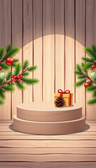 Christmas Gift and Pinecone on Wood Podium, Festive Display

