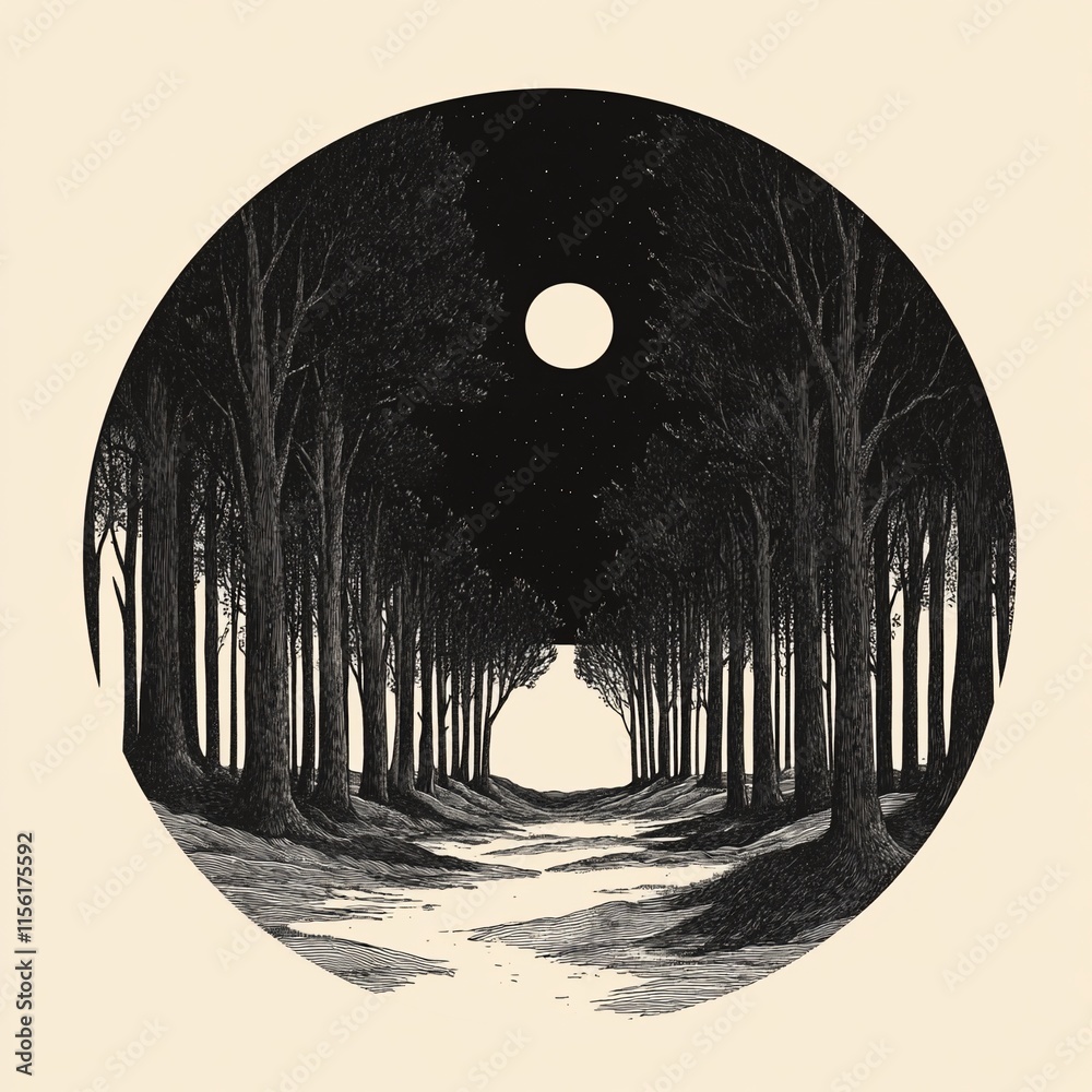 Poster monochrome illustration of a moonlit path through a forest, enclosed in a circle.
