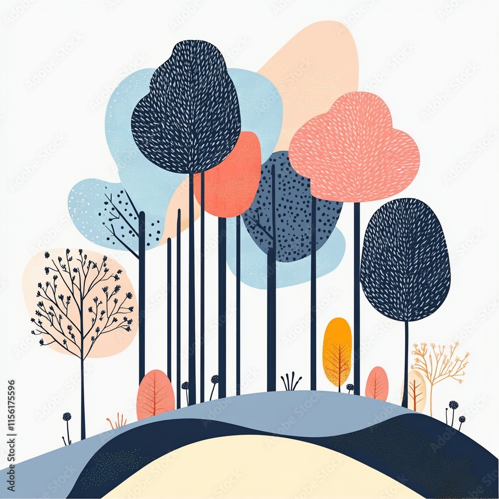 Poster stylized illustration of a whimsical forest with colorful trees and a rolling hill.