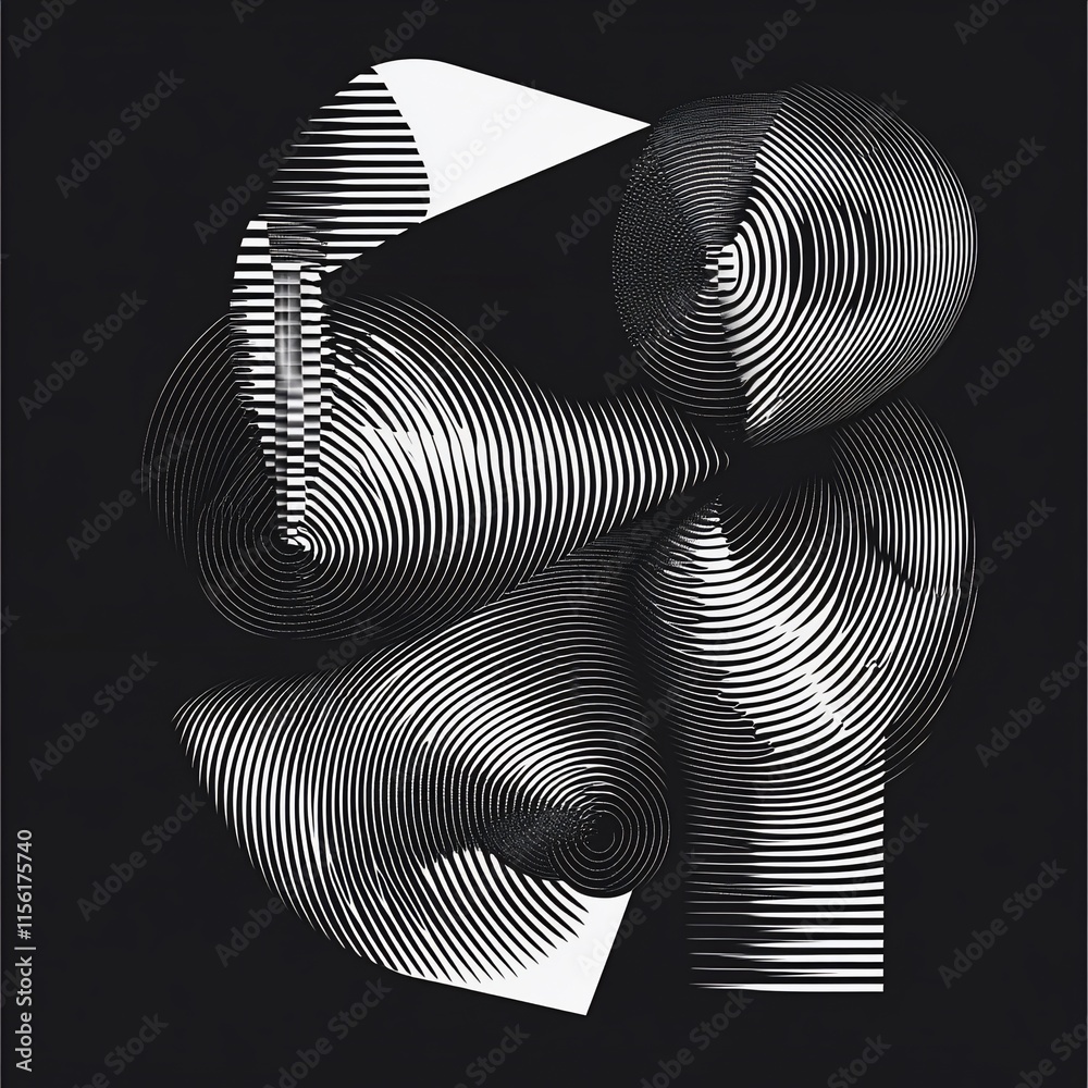 Poster Abstract grayscale image featuring swirling, concentric striped shapes creating a dynamic, three-dimensional effect against a black background.