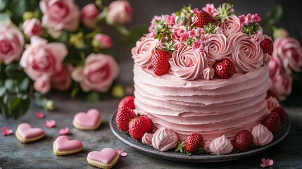 Delicious Strawberry Rose Cake with Pink Frosting and Flowers