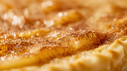 A close-up of a freshly baked apple pie showcasing a golden, flaky crust, perfectly filled with spiced apples and a sprinkle of cinnamon sugar on top, creating an inviting and delicious dessert.