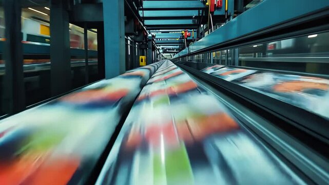 Experience the rapid printing process in a cutting-edge facility where materials move swiftly along conveyor belts, showcasing advanced technology in action