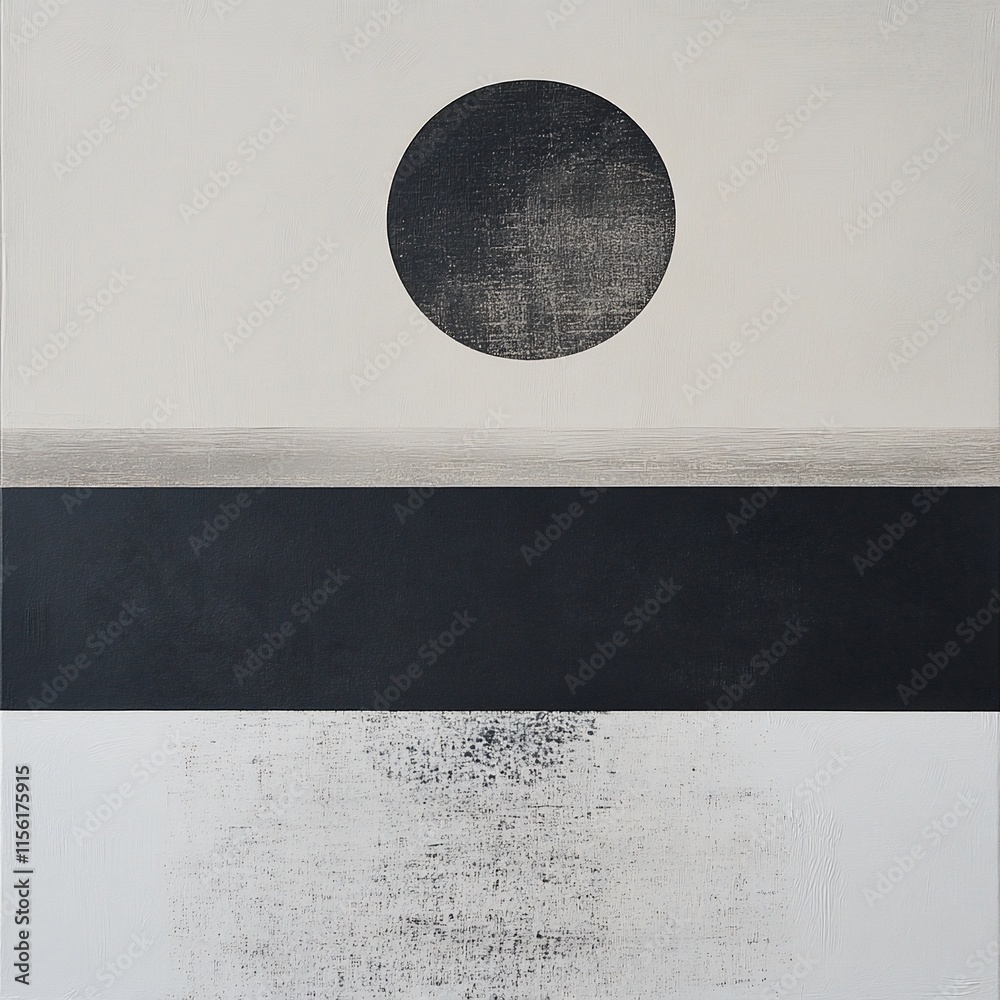 Poster abstract minimalist art; dark circle above horizontal bands, textured background.
