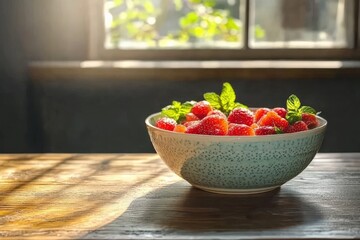 Fresh strawberries and mint in a bowl on a wooden table in sunlight.