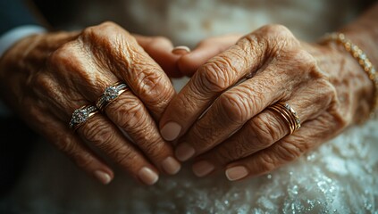 Fototapeta premium Elderly Couple s Hands Intertwined Wedding Rings Closeup Love Aged Skin Detail