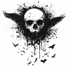 A skull with wings and ink splatters, surrounded by birds.