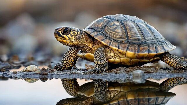 A turtle moves gracefully along a rocky shoreline, the tranquil water reflecting its intricate shell patterns. This captures the essence of nature's artistry in stunning detail