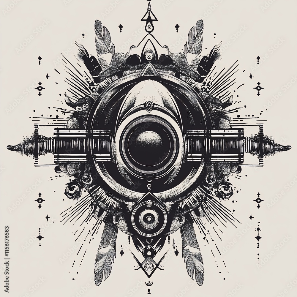 Poster intricate symmetrical design with a central dark circle, surrounded by geometric shapes, feathers, a