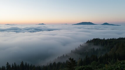 Fototapeta premium Mystical Sunrise Inversion: Volcanic Peaks Emerging from a Sea of Clouds