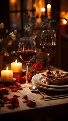 Intimate Dining: Candlelight, Red Wine, and a Heart Centerpiece Set the Mood for Two.