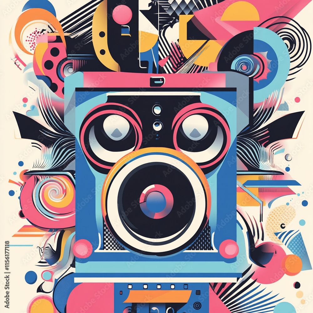 Poster Abstract colorful illustration of a vintage camera surrounded by geometric shapes and patterns.