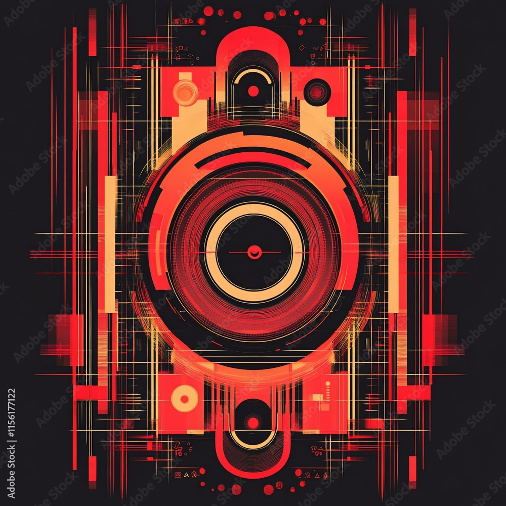 Poster Abstract red and orange geometric design with concentric circles and lines, creating a futuristic or technological feel.