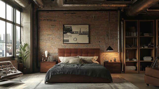 Industrial-style bedroom with exposed brick walls, large window, and comfortable bed. - Powered by Adobe