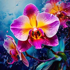 Vibrant orchid pattern, rich colors, detailed petals, perfect for floral art, creative designs, bold backgrounds, or botanical decor inspirations.