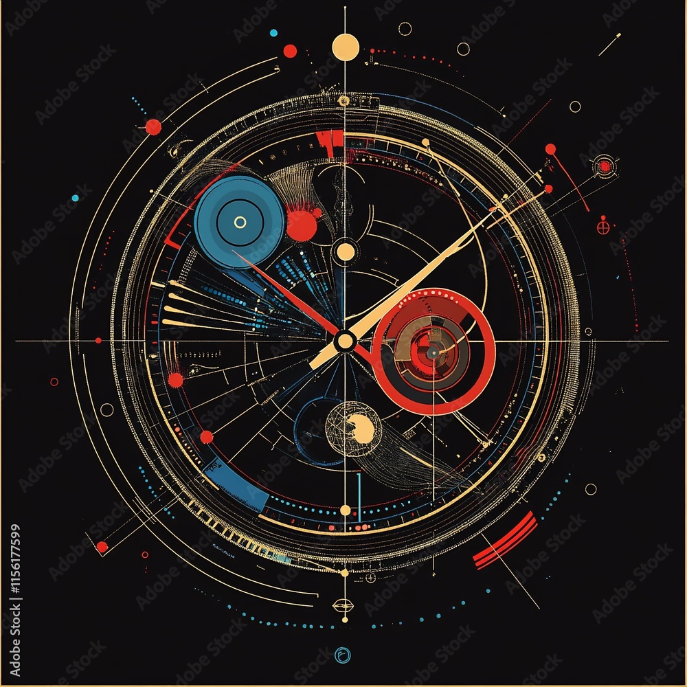 Poster Abstract circular design with clock hands, gears, and colorful elements on a dark background.