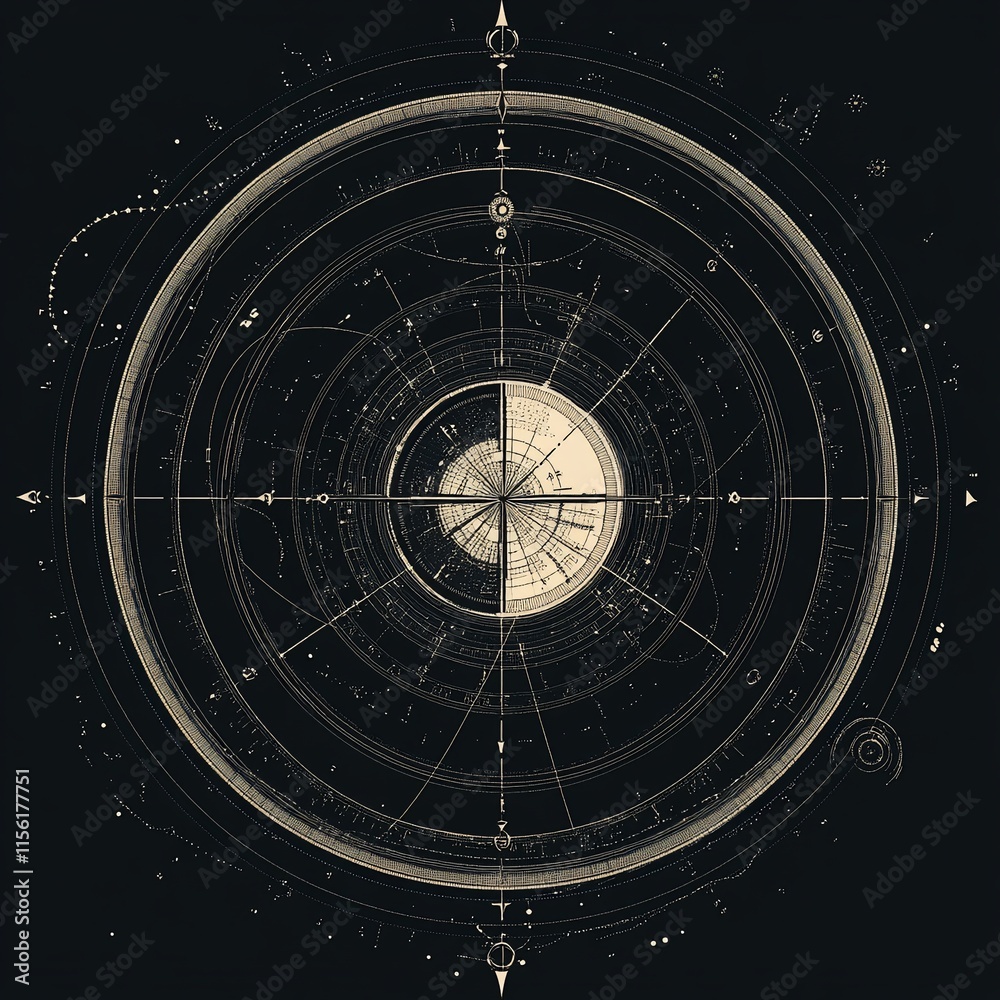 Poster Abstract circular design with compass and celestial elements.