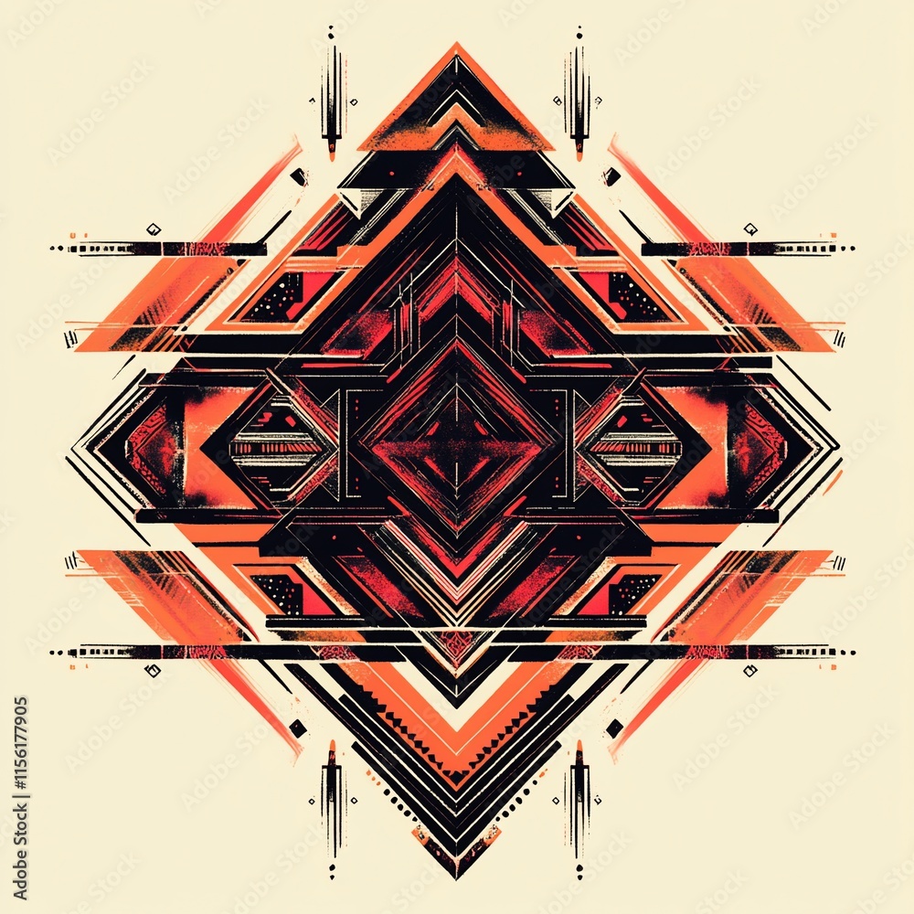 Poster Abstract geometric art with red and orange shapes creating a symmetrical design.