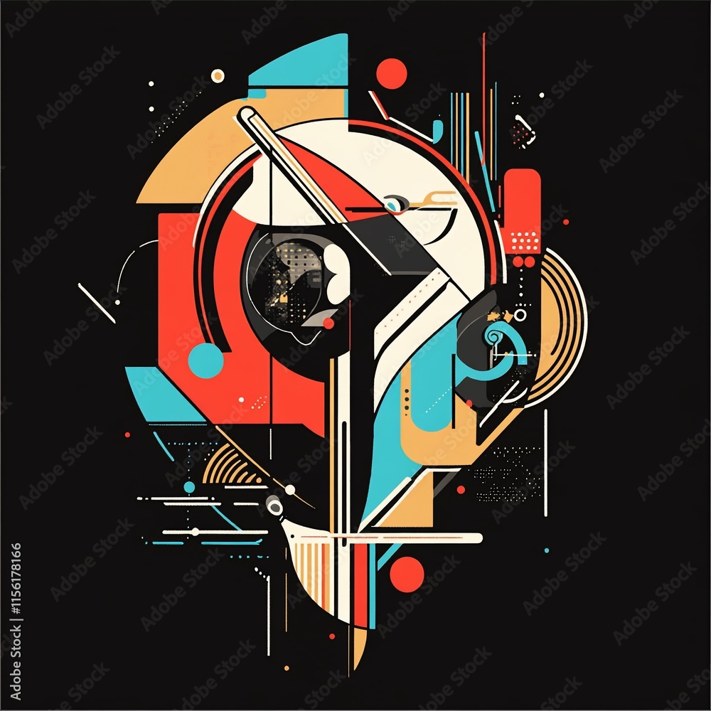 Poster abstract geometric art with vibrant colors and shapes on a black background.