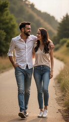 Fototapeta premium Happy couple walking together on a sunny country road